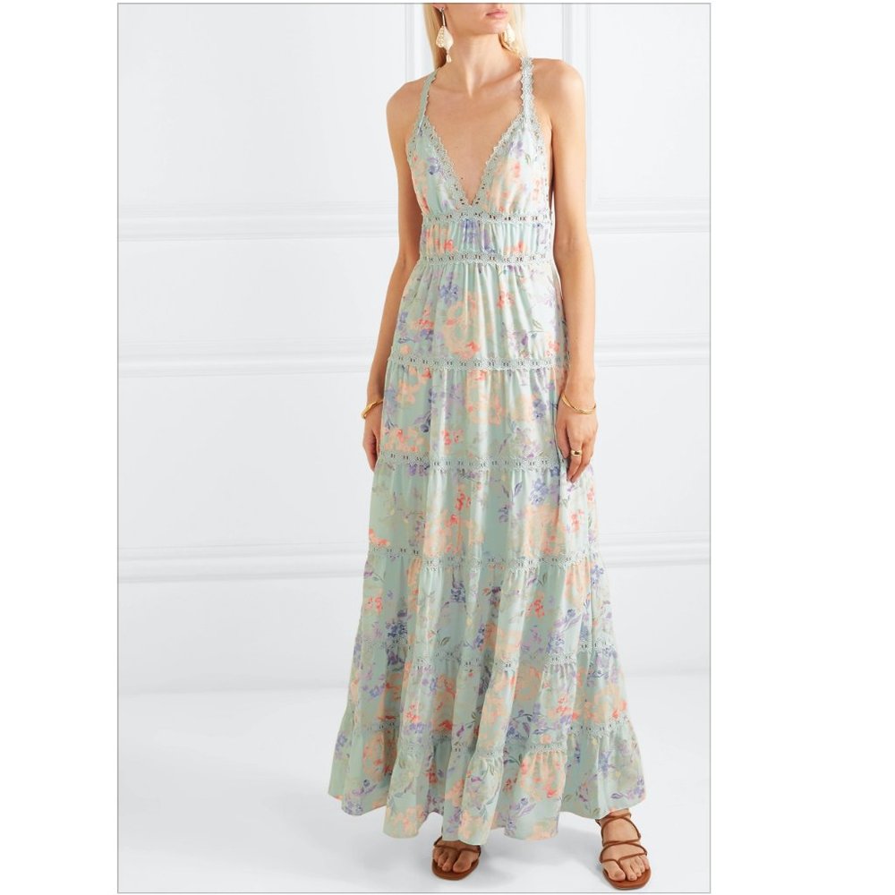 Alice + Olivia Karolina Floral Halter Maxi Dress with Lace Trim
